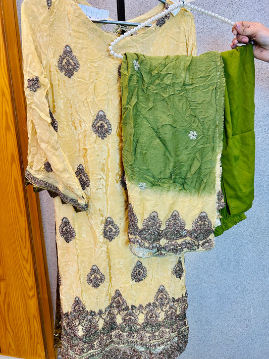 Fully Embroidered Semi Formal Golden & Green Dress Kameez Chiffon & Crinkle Fabric DSG3-123