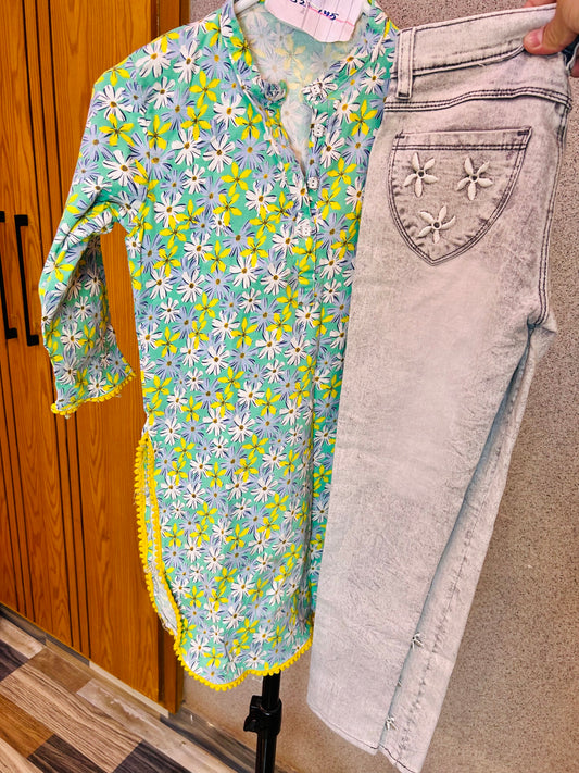 Stylish Floral Shirt Khaddar Fabric & Faded Grey Jeans DPS2-145