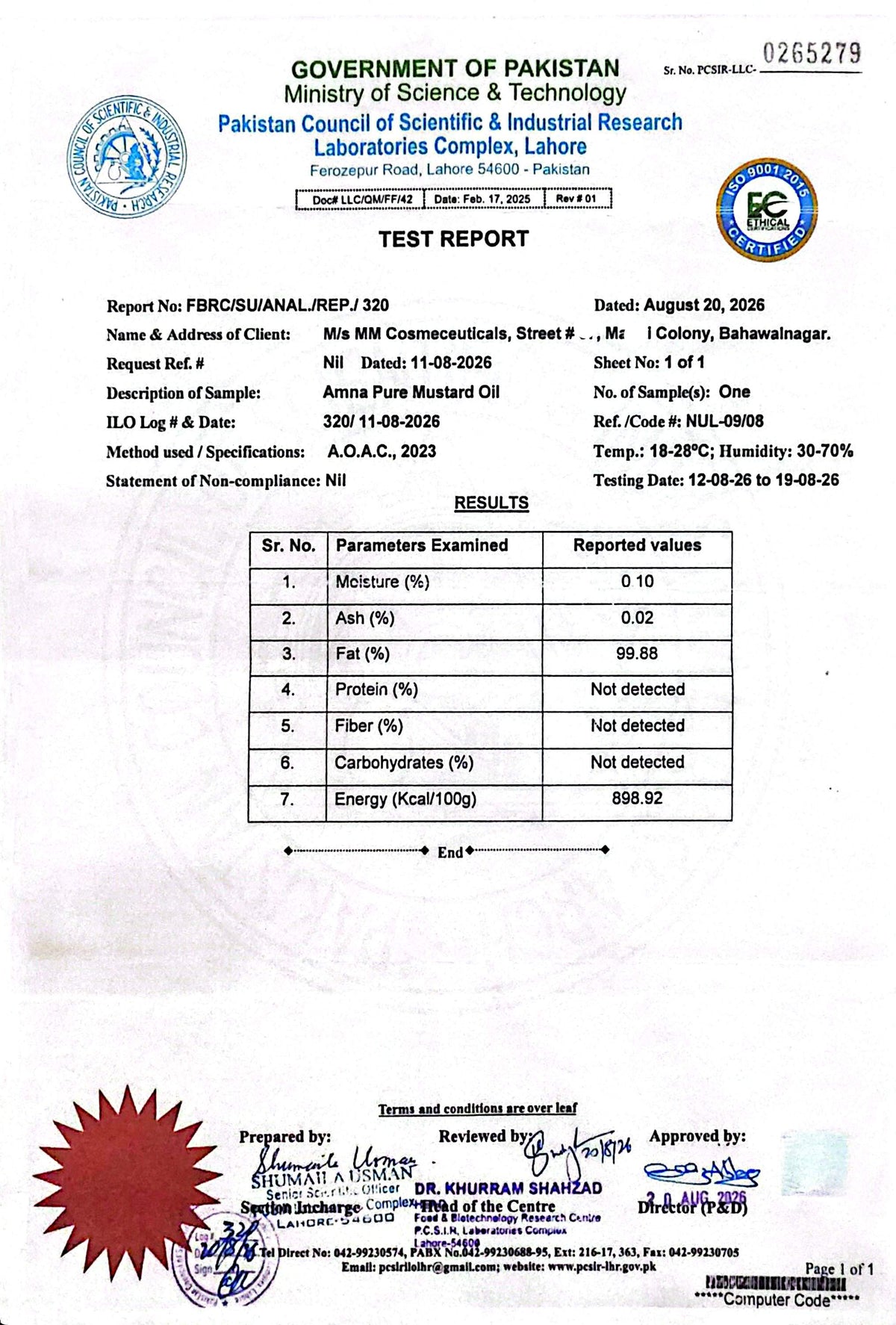 A test report document from the Government of Pakistan, Ministry of Science & Technology, showing laboratory test results for a sample labeled as FBC/SUJANAL REP./130.