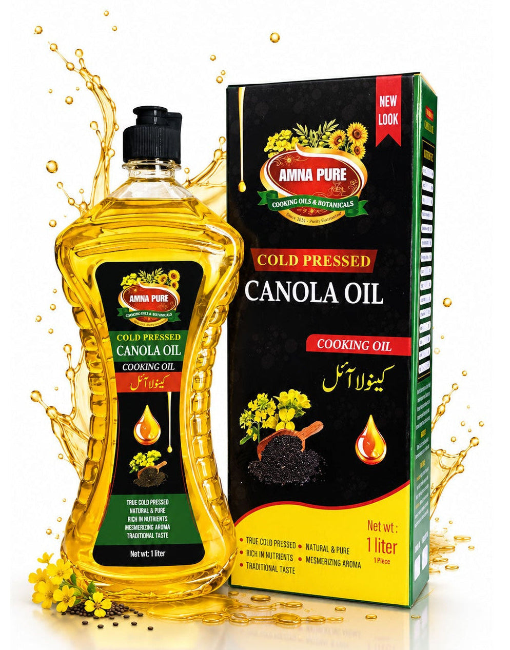 A bottle of Anna Pure cold pressed canola oil next to its black and green retail box, surrounded by a dynamic splash of golden oil on a white background.