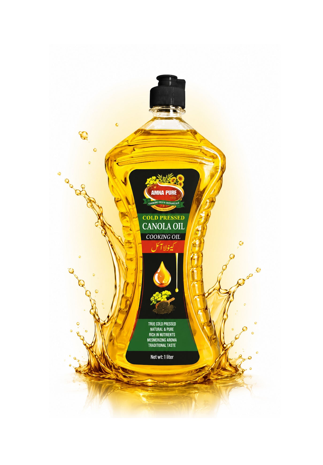 A bottle of Arla Pure Gold Purosu Canola Oil Cooking Oil, displayed with a dramatic golden oil splash effect against a clean white background.