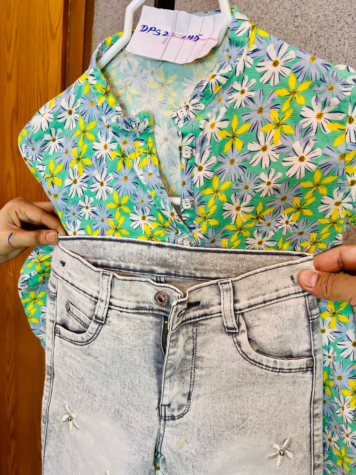 Stylish Floral Shirt Khaddar Fabric & Faded Grey Jeans DPS2-145