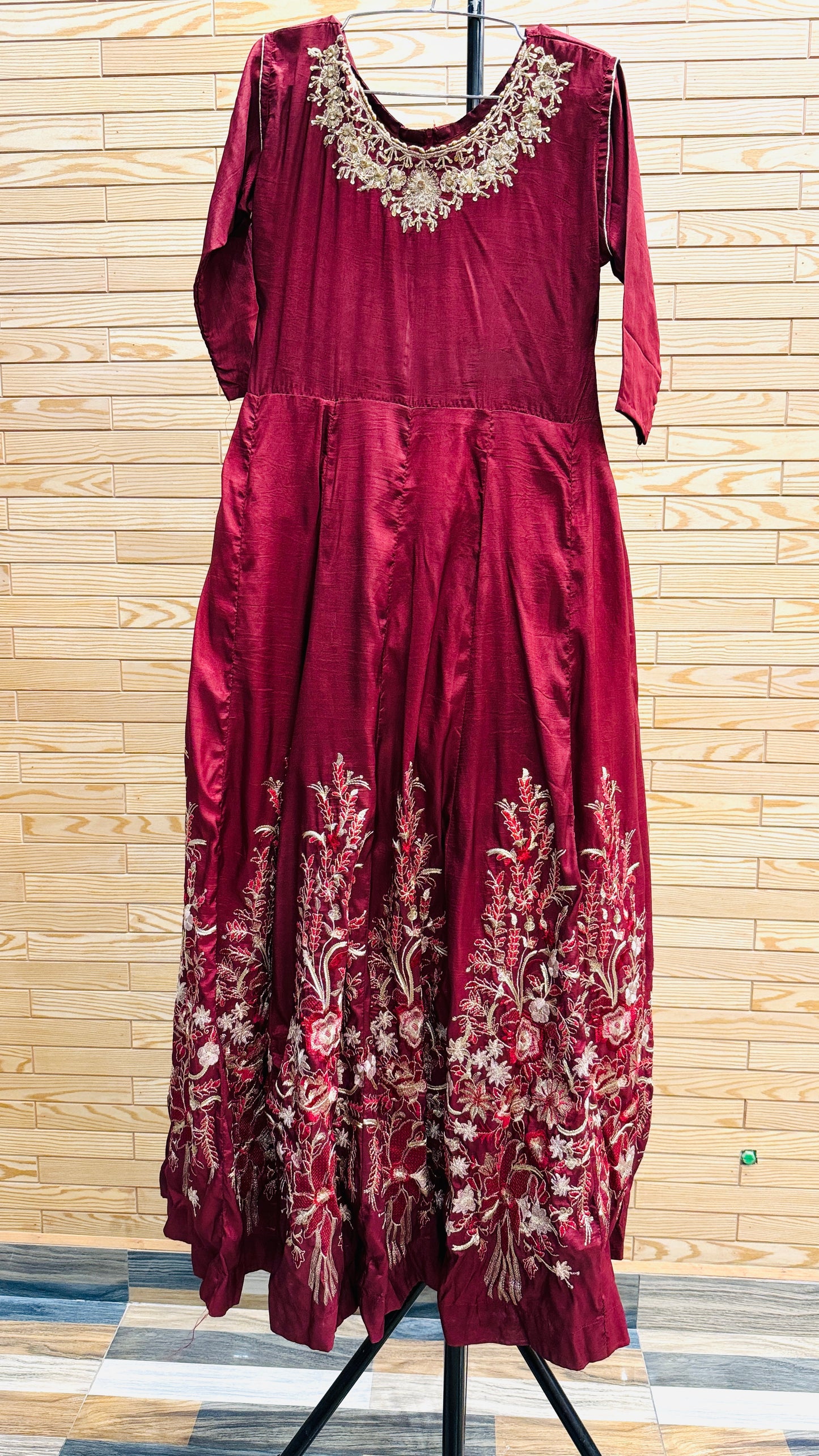 Long Maxi Maroon Embroidered Silk Fabric DMM1-101