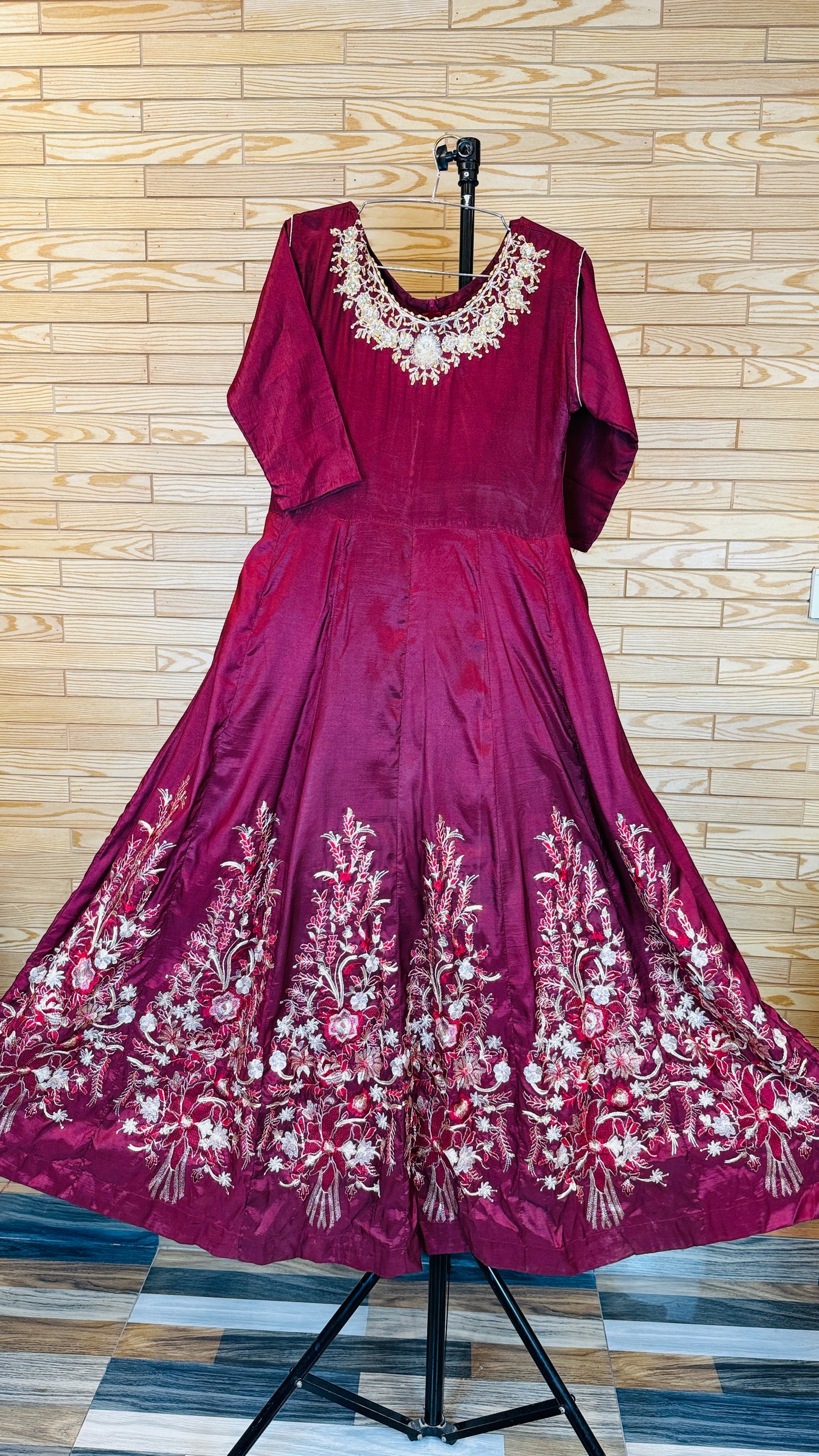 Long Maxi Maroon Embroidered Silk Fabric DMM1-101