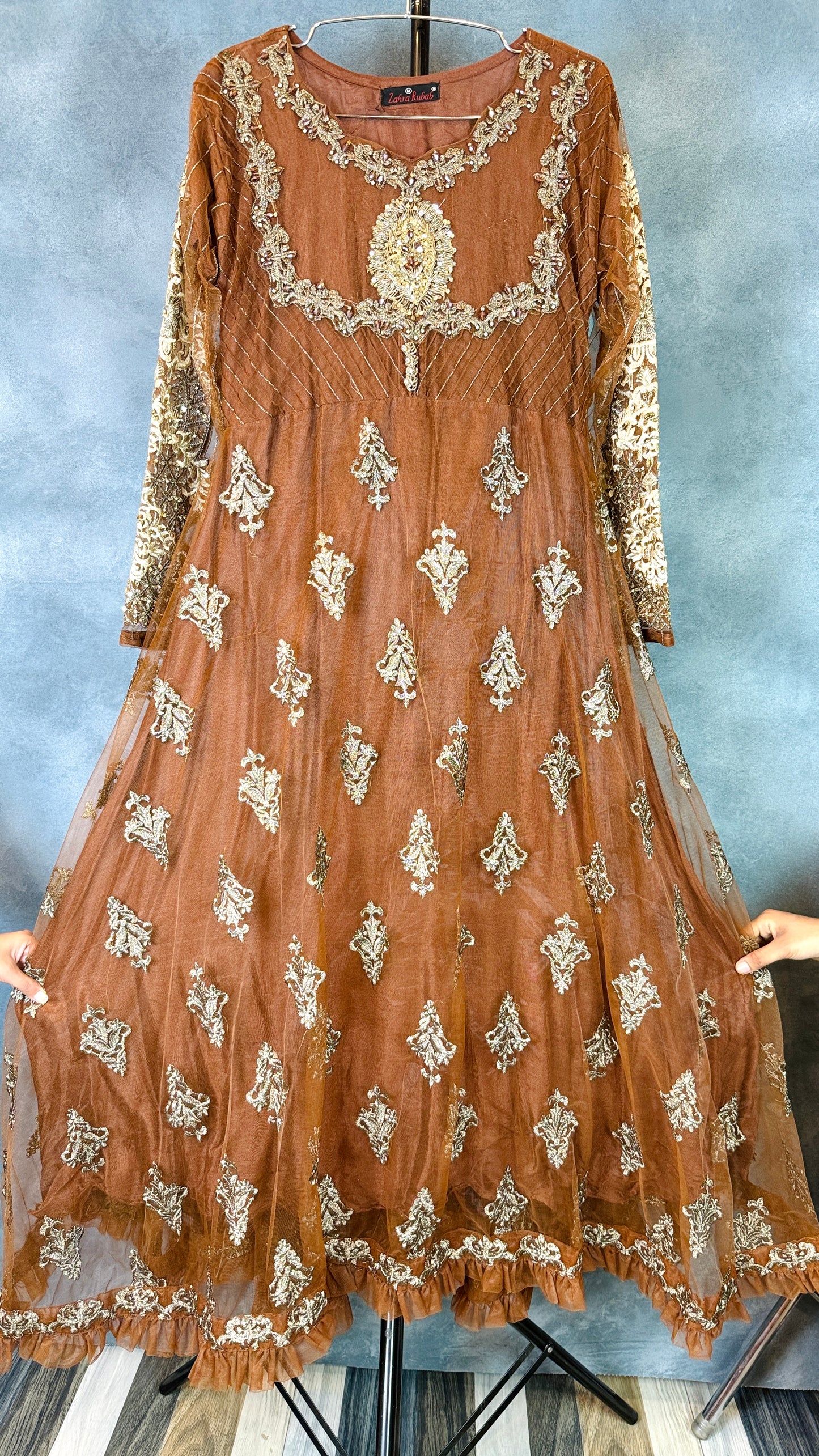 Long Maxi Fully Embroidered Brown DMB3-109