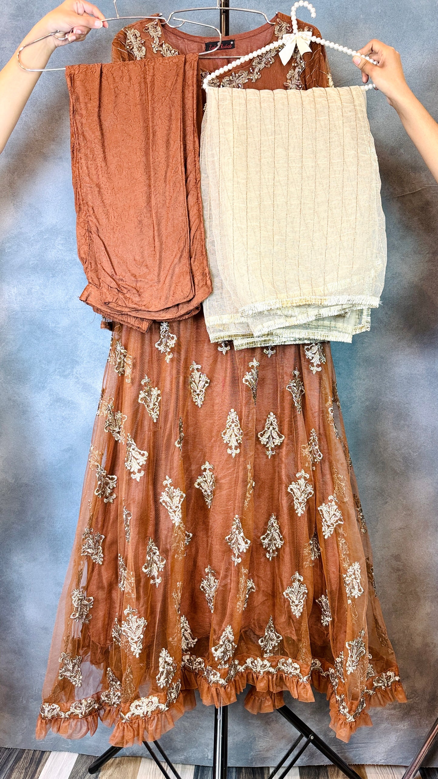 Long Maxi Fully Embroidered Brown DMB3-109