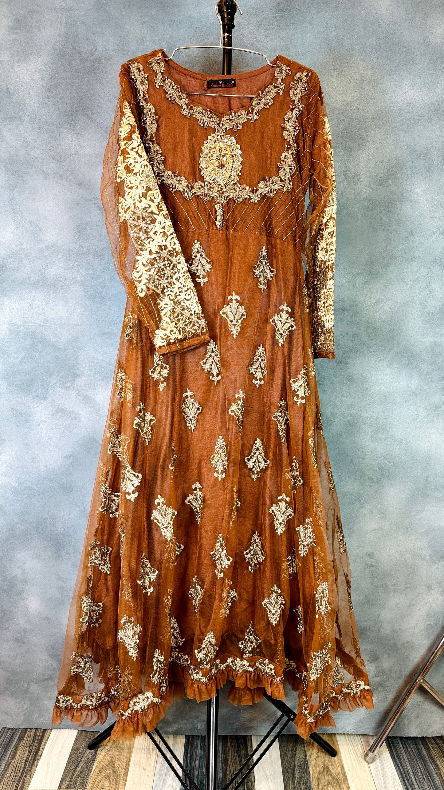 Long Maxi Fully Embroidered Brown DMB3-109