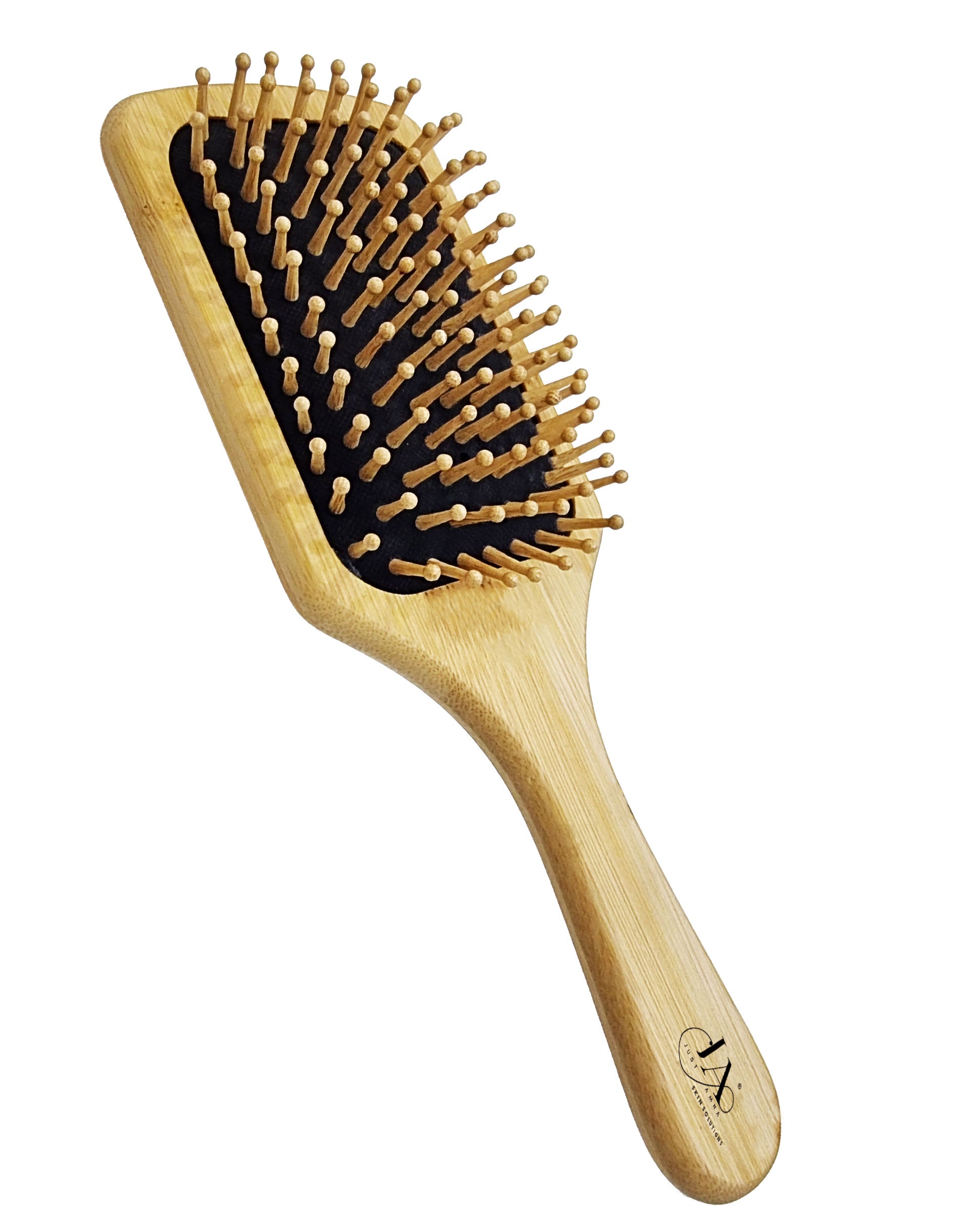 Wooden hairbrush with bristles on a white background