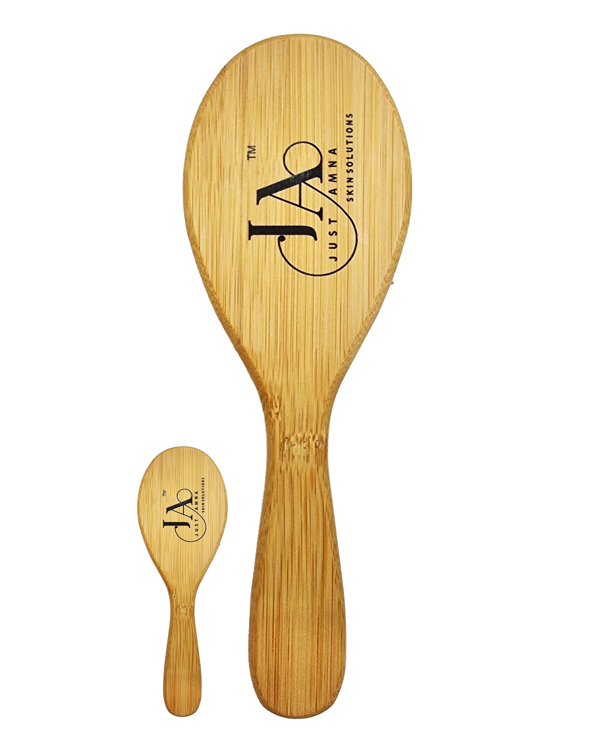 Two wooden hairbrushes with a brand logo on a white background