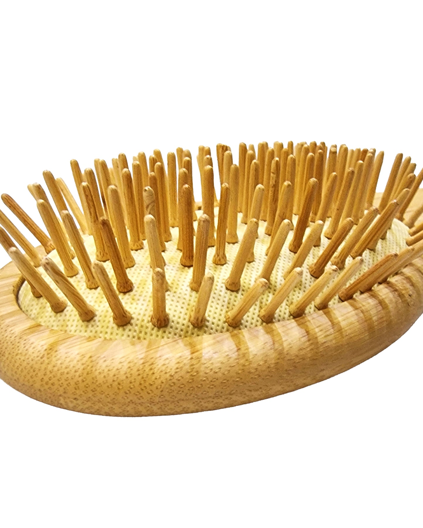 Wooden hairbrush with round head and bristle design on a white background