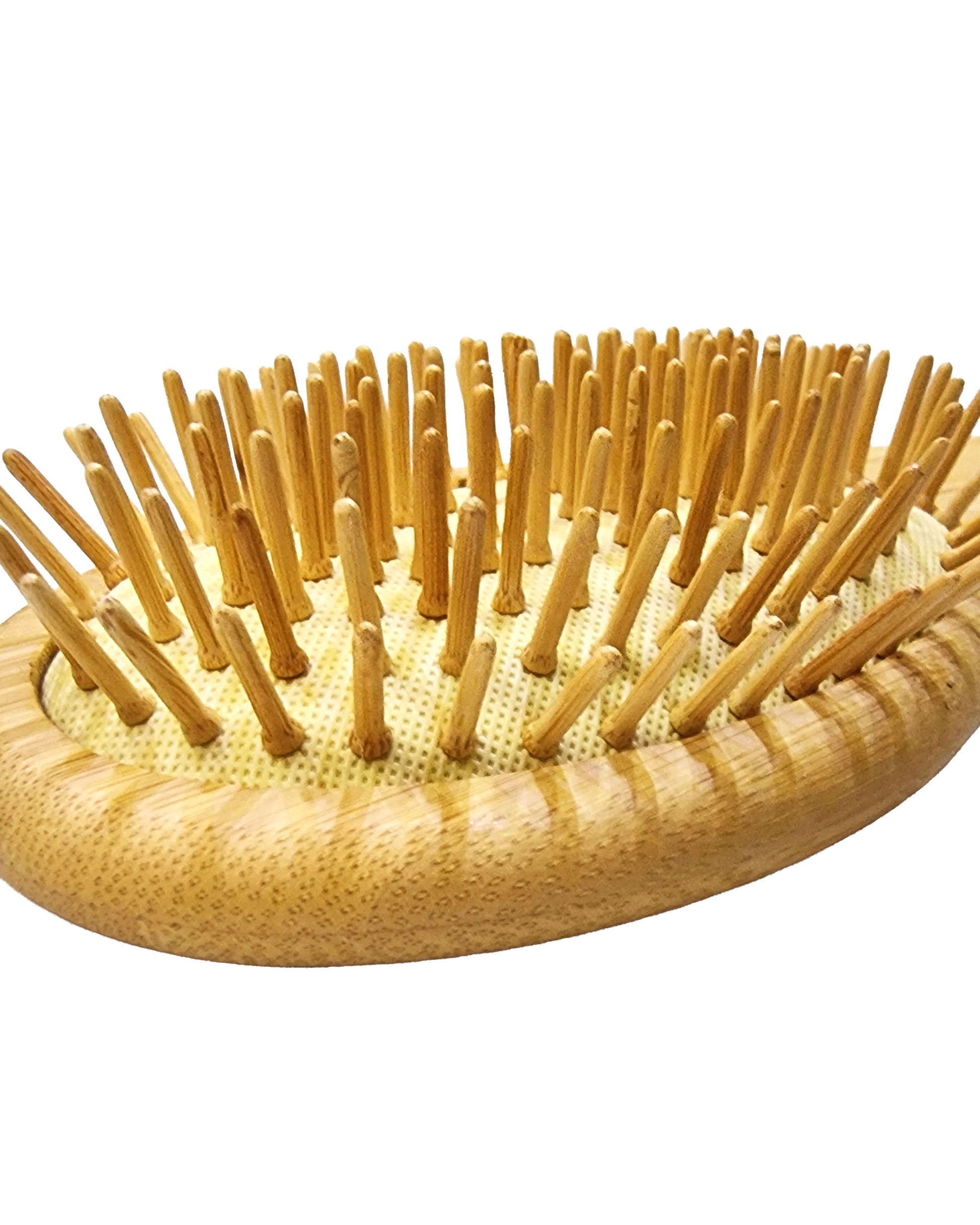 Wooden hairbrush with round head and bristle design on a white background