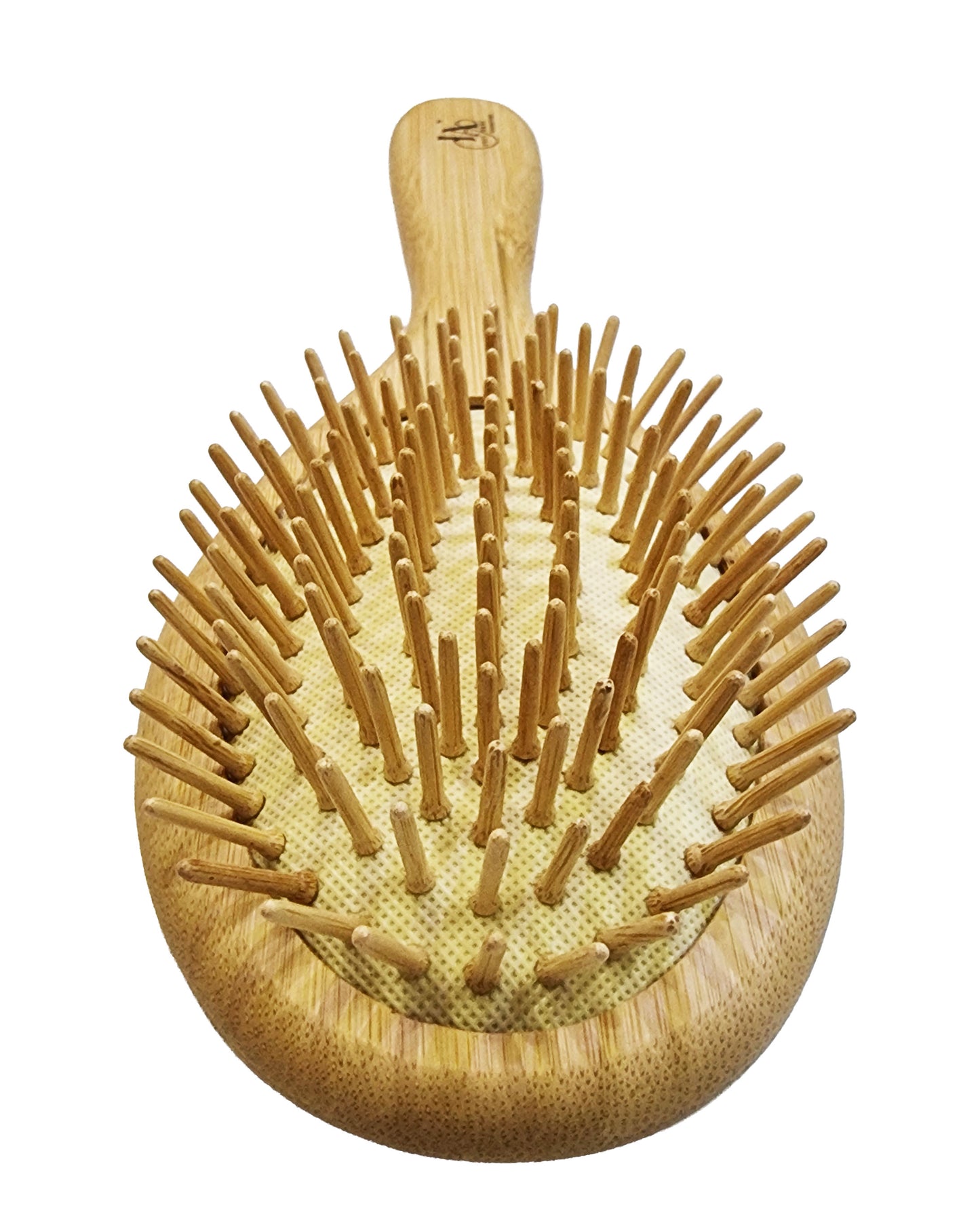Wooden hairbrush with bristle head on a white background